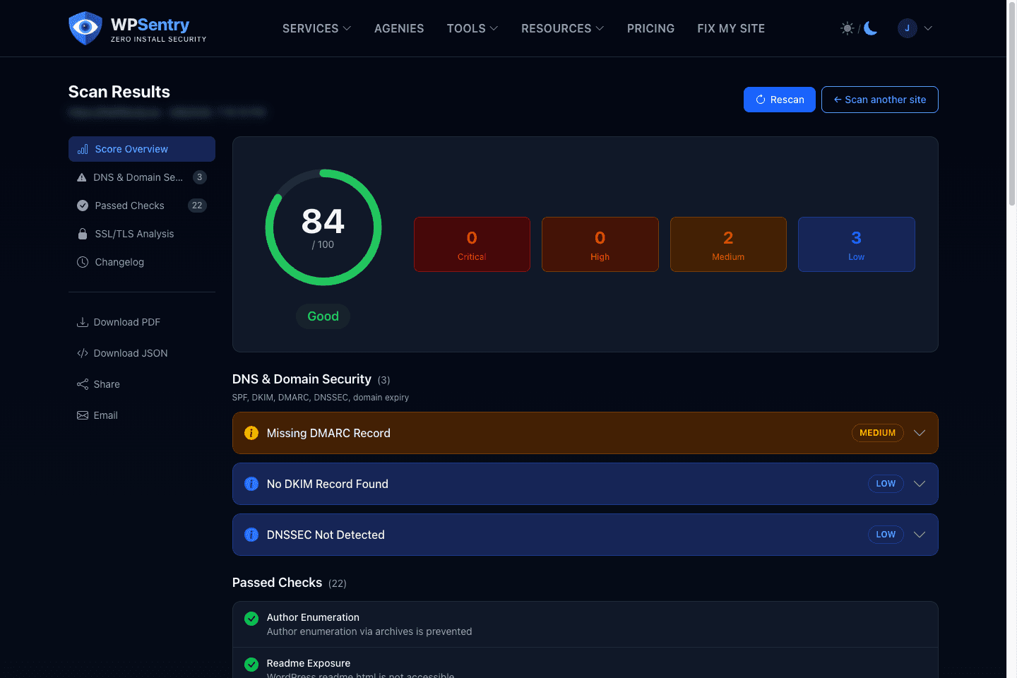 WPSentry scan report with a security score, severity breakdown, and detailed findings