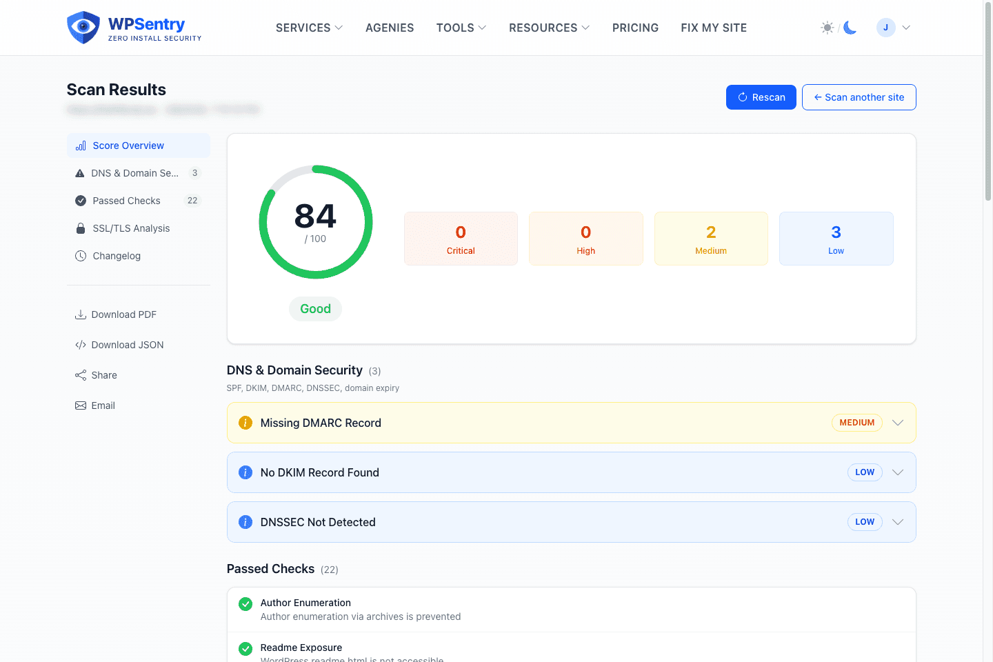 WPSentry scan report with a security score, severity breakdown, and detailed findings